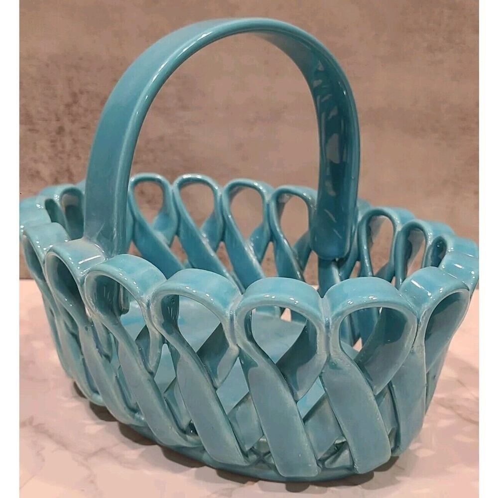 Dept. 56 Ceramic Woven Basket Turquoise Vintage Made In Italy 9" x 6" x 6.25"